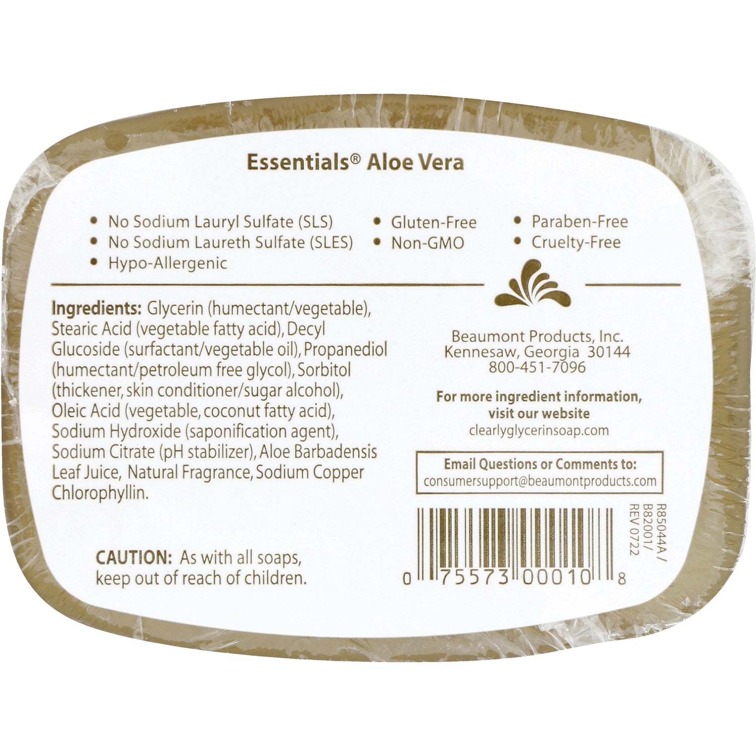 CLN004 | Back label of Essentials Aloe Vera soap showing ingredients, cautions, company info and barcode