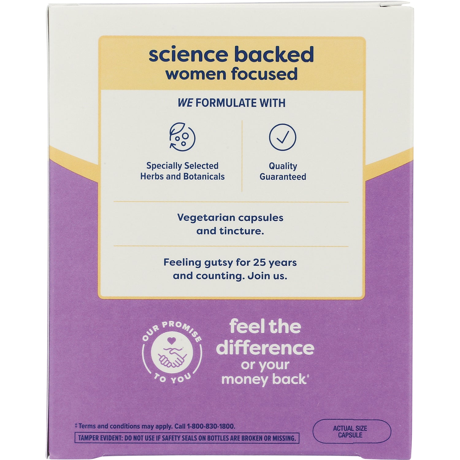 RNL014 | back panel infographic saying science backed women focused, vegetarian capsules and tincture, feel the difference money back