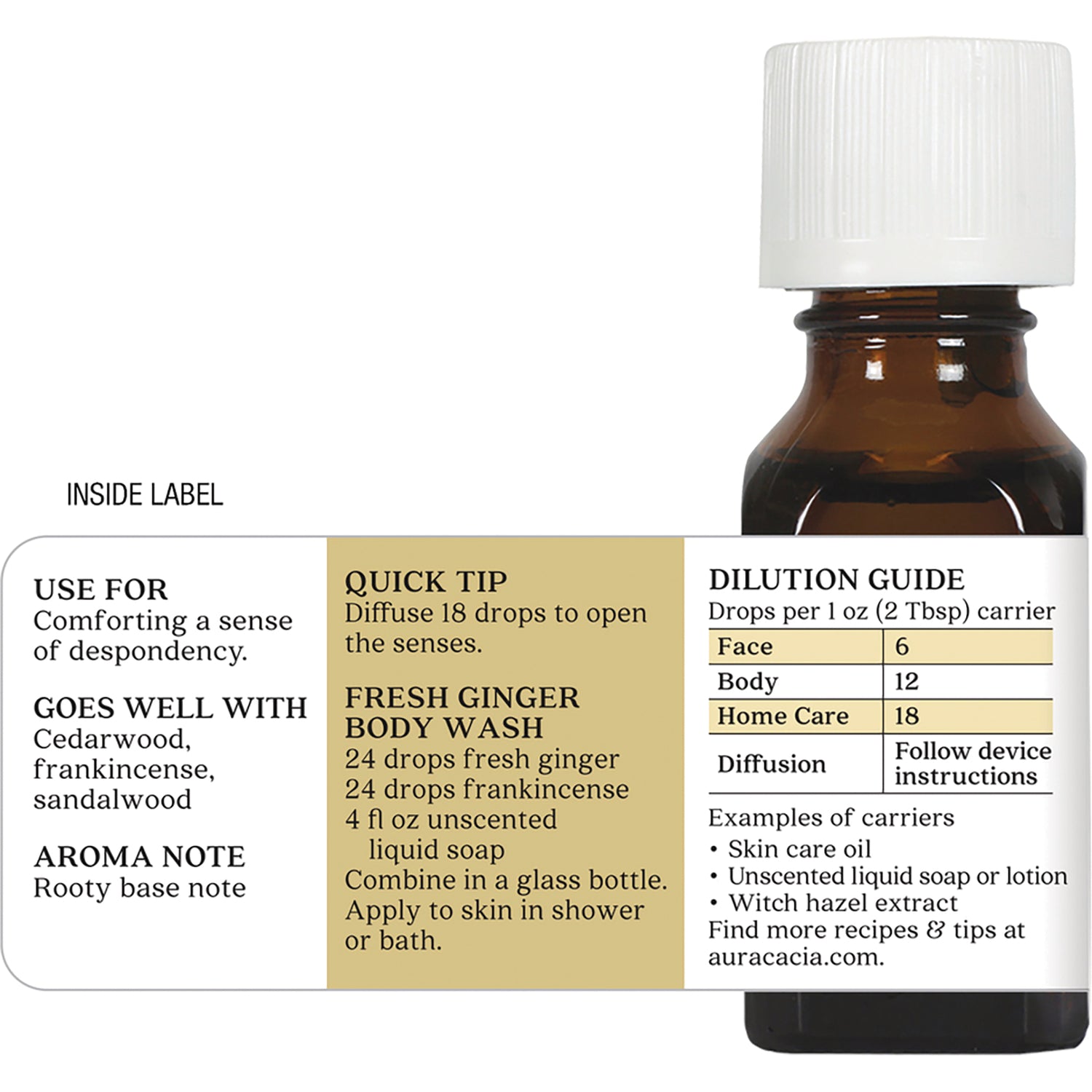 ARC270 | Back label of amber bottle showing dilution guide, quick tip, uses, and recipe