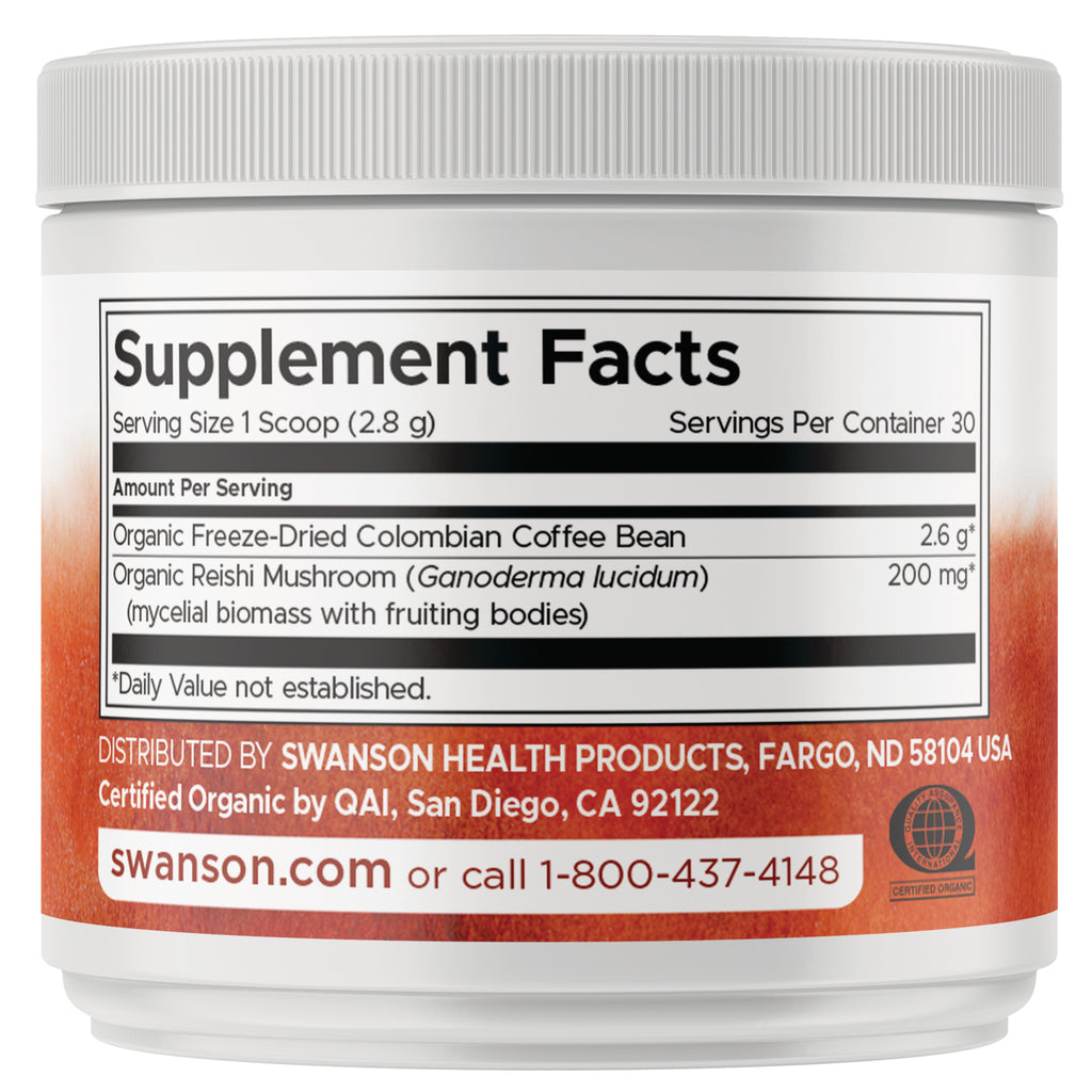 SWF194 | Supplement Facts with serving size 1 scoop (2.8 g), coffee bean 2.6 g, reishi 200 mg, warnings - Thumbnail