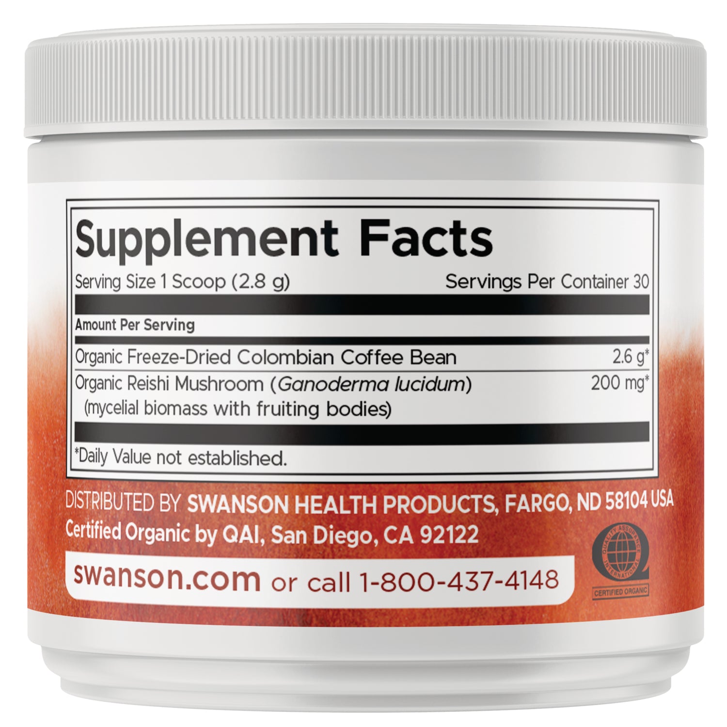 SWF194 | Supplement Facts with serving size 1 scoop (2.8 g), coffee bean 2.6 g, reishi 200 mg, warnings