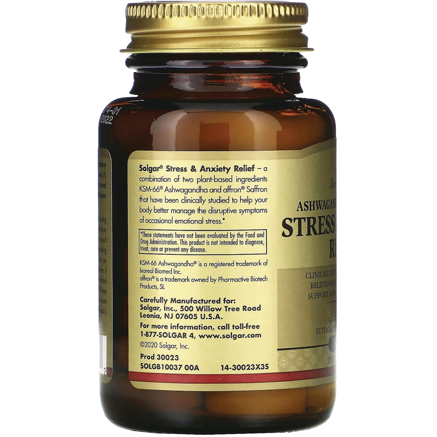 Back label of Solgar Stress & Anxiety Relief bottle showing ingredients, warnings, contact info, and product codes