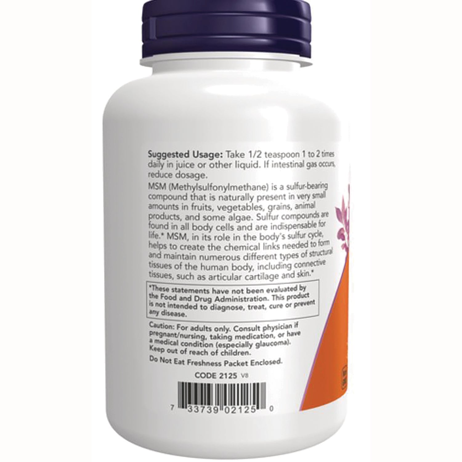 NWF1057 | Back label of white supplement bottle showing suggested usage text and barcode