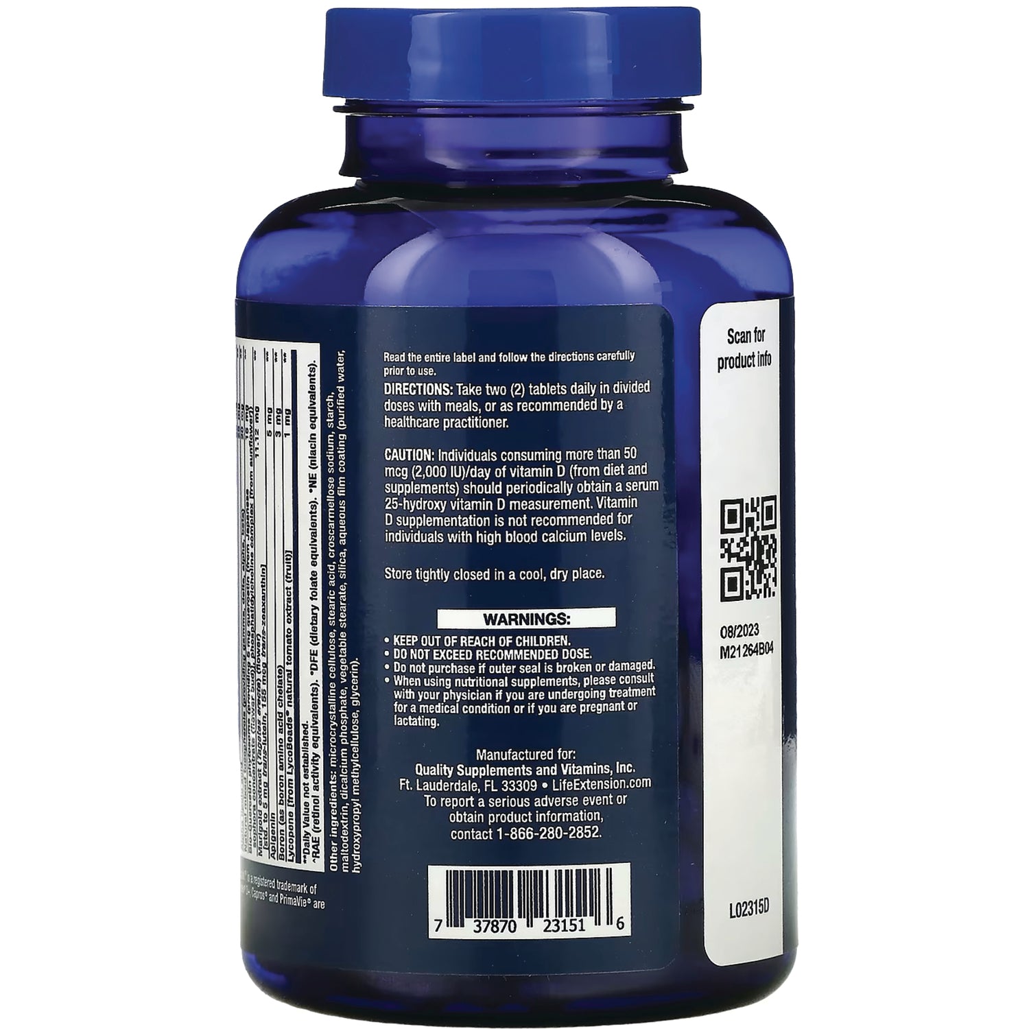 LE565 | back label of blue supplement bottle showing directions, warnings, barcode and QR code