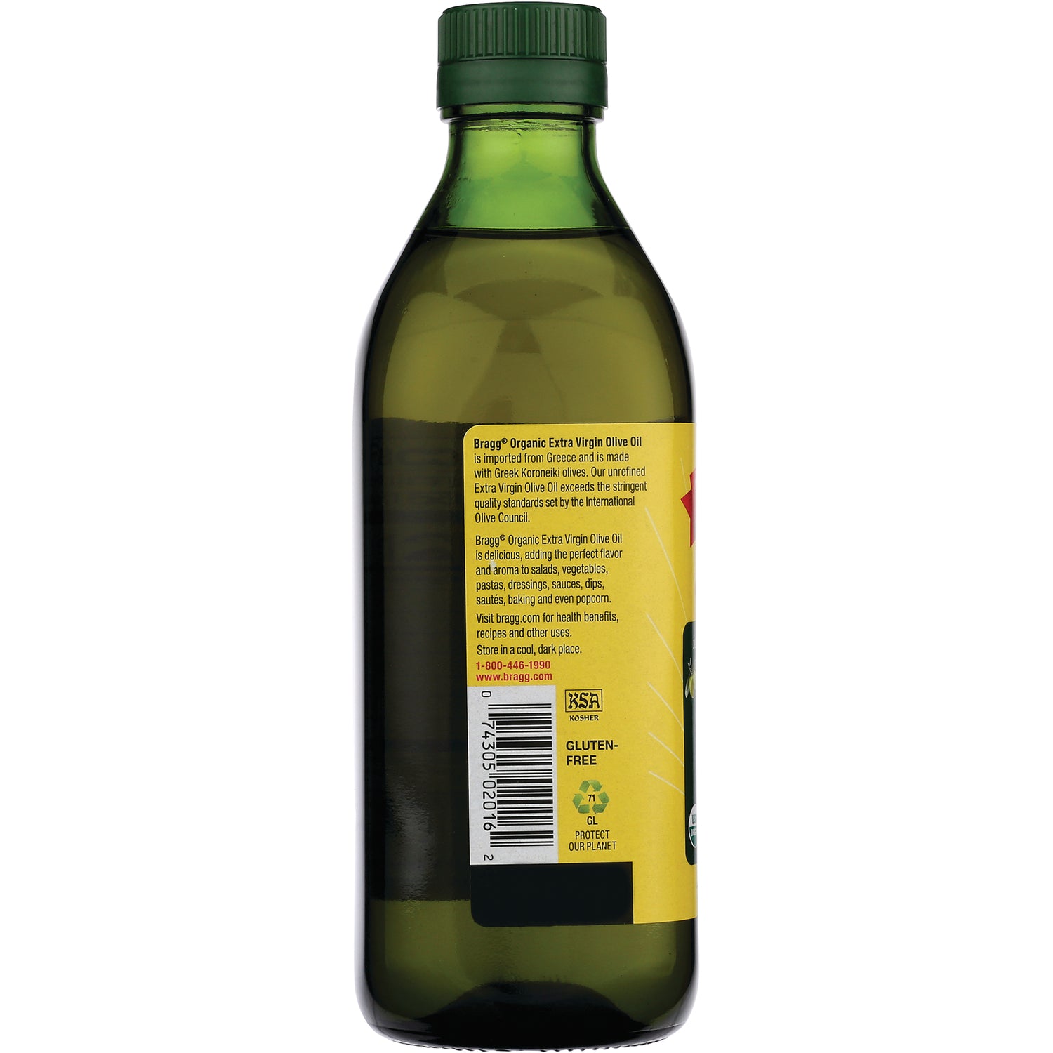 BR010 | back of green olive oil bottle showing yellow label with barcode, product text, gluten-free and recycling icons