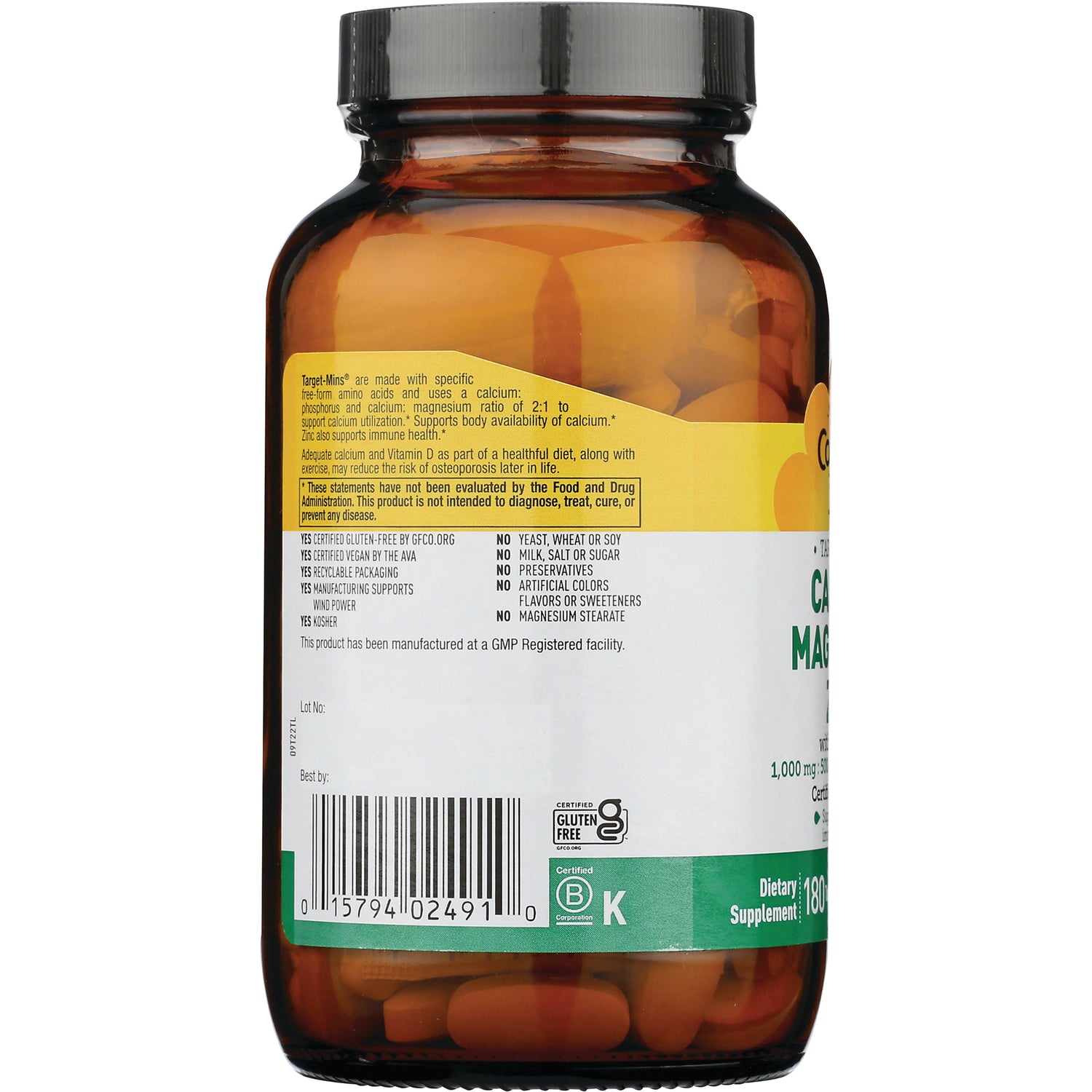 CRL020 | back of amber supplement bottle showing ingredient and claims label, barcode, and visible orange tablets