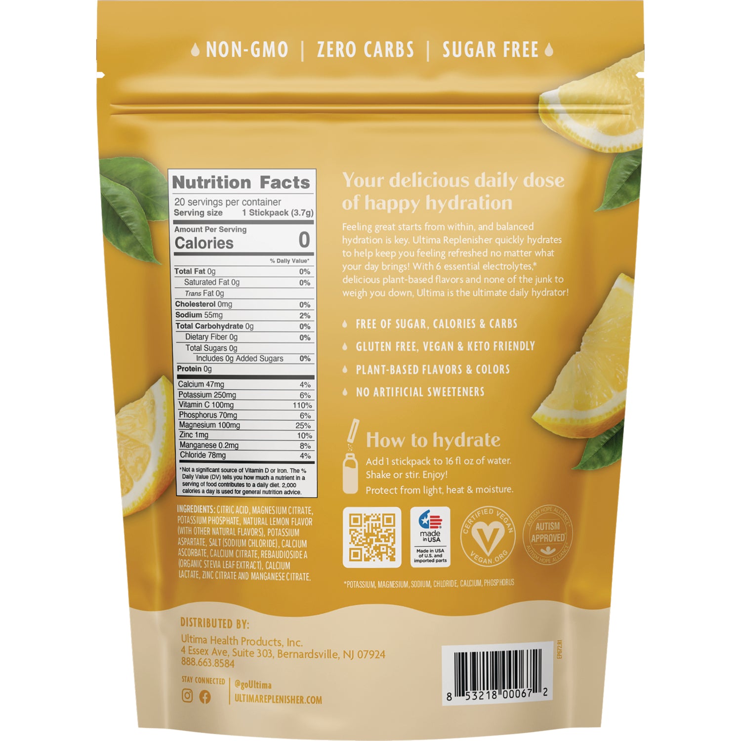 UHP028 | Back of electrolyte drink mix pouch with Nutrition Facts, ingredients, and claims: Non-GMO, zero carbs, sugar free