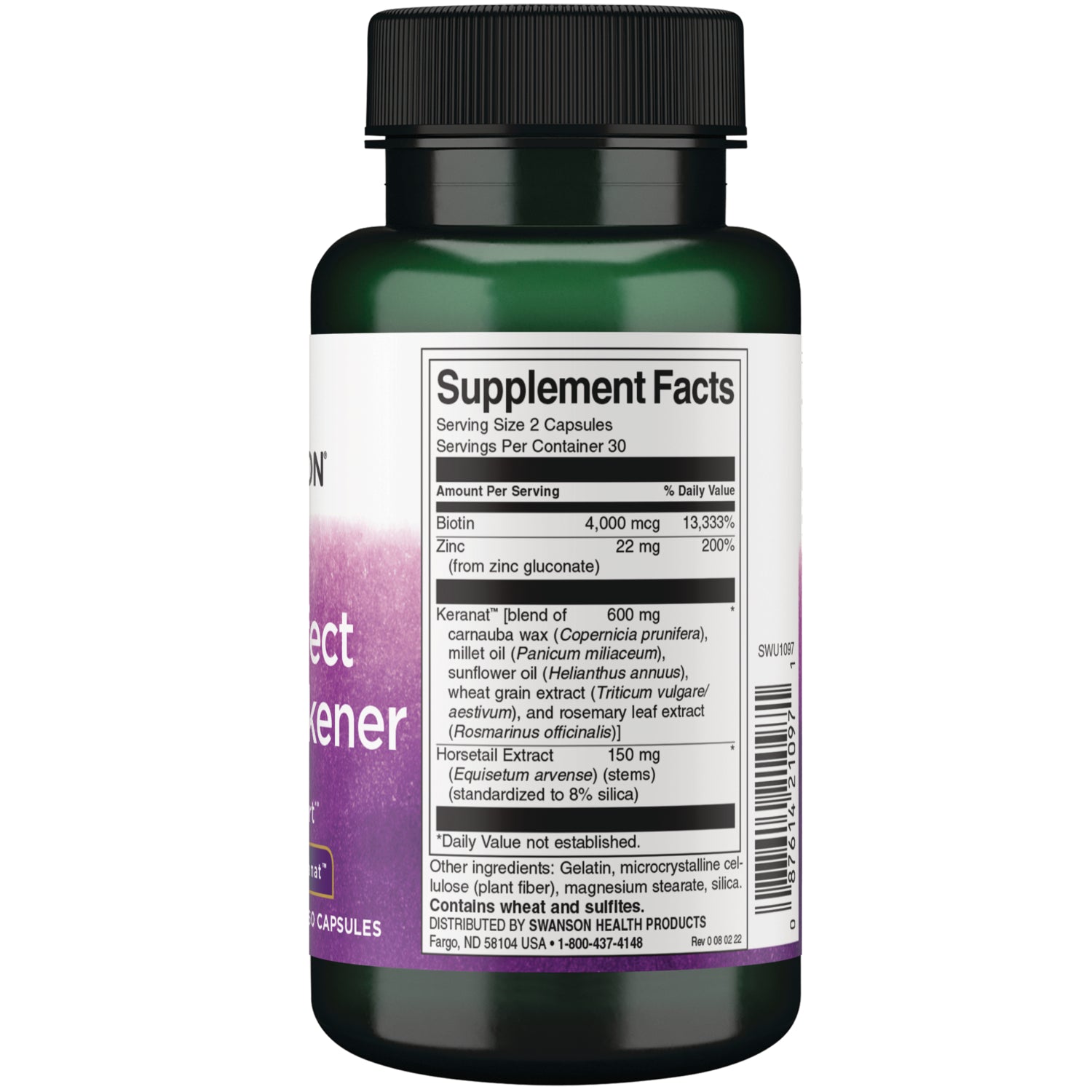 SWU1097 | Supplement Facts panel with biotin 4,000 mcg and zinc 22 mg, serving size 2 capsules