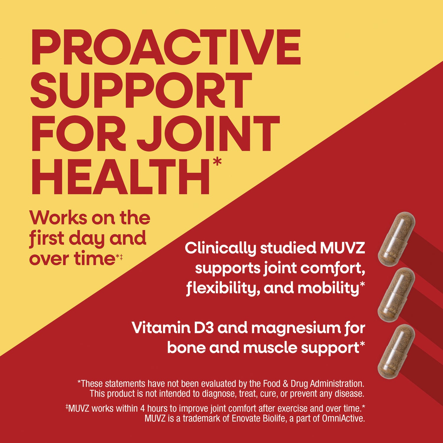 NW1075 | Proactive support for joint health infographic with capsules and claims about comfort, flexibility, and mobility
