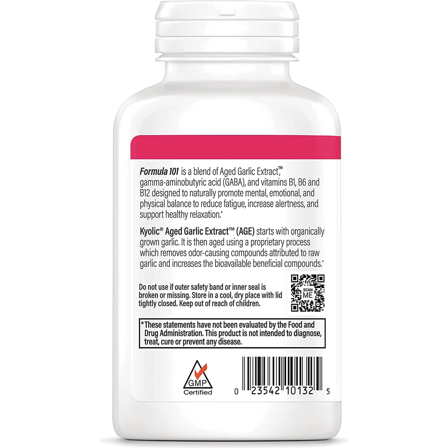 KY117 | Back label of white supplement bottle with product info, warnings, QR code, barcode and GMP logo