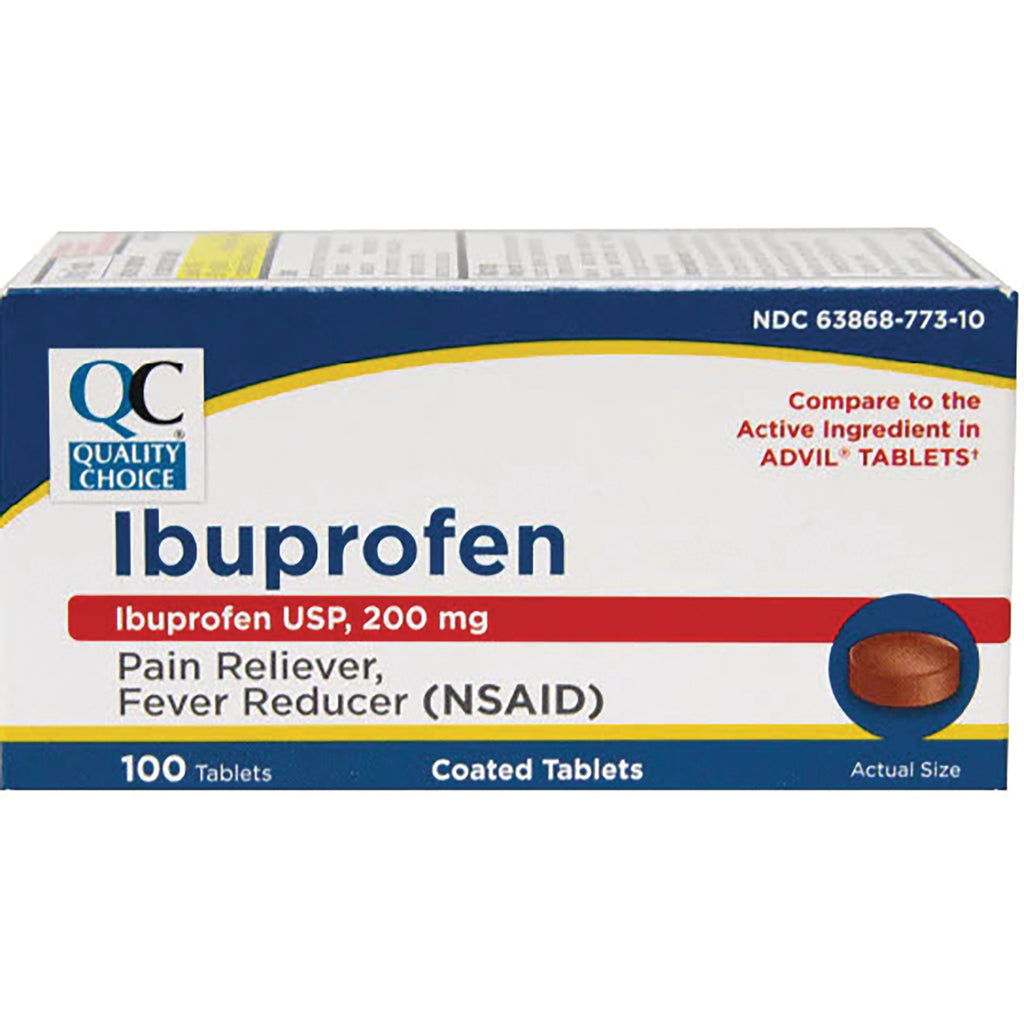 QCH022 | Quality Choice Ibuprofen USP 200 mg box, 100 coated tablets with actual-size pill image - Thumbnail