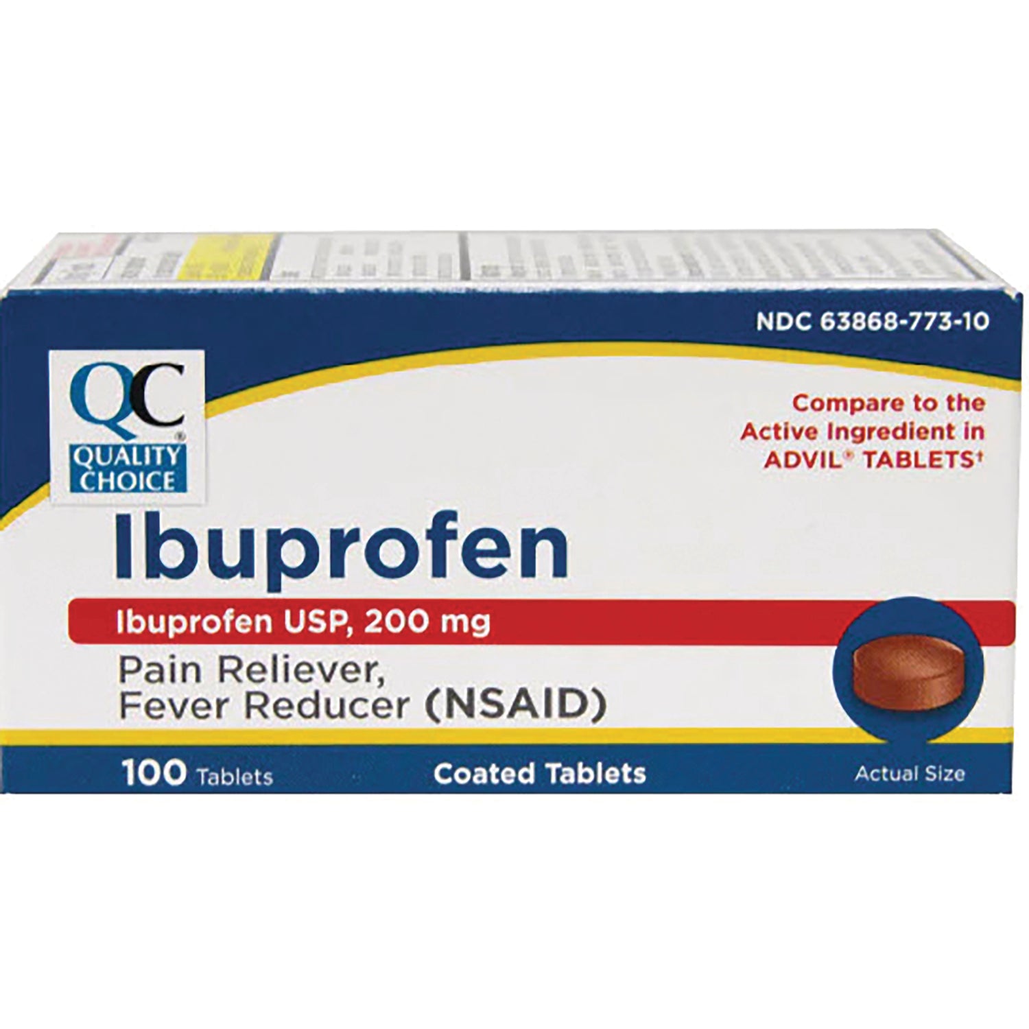 QCH022 | Quality Choice Ibuprofen USP 200 mg box, 100 coated tablets with actual-size pill image