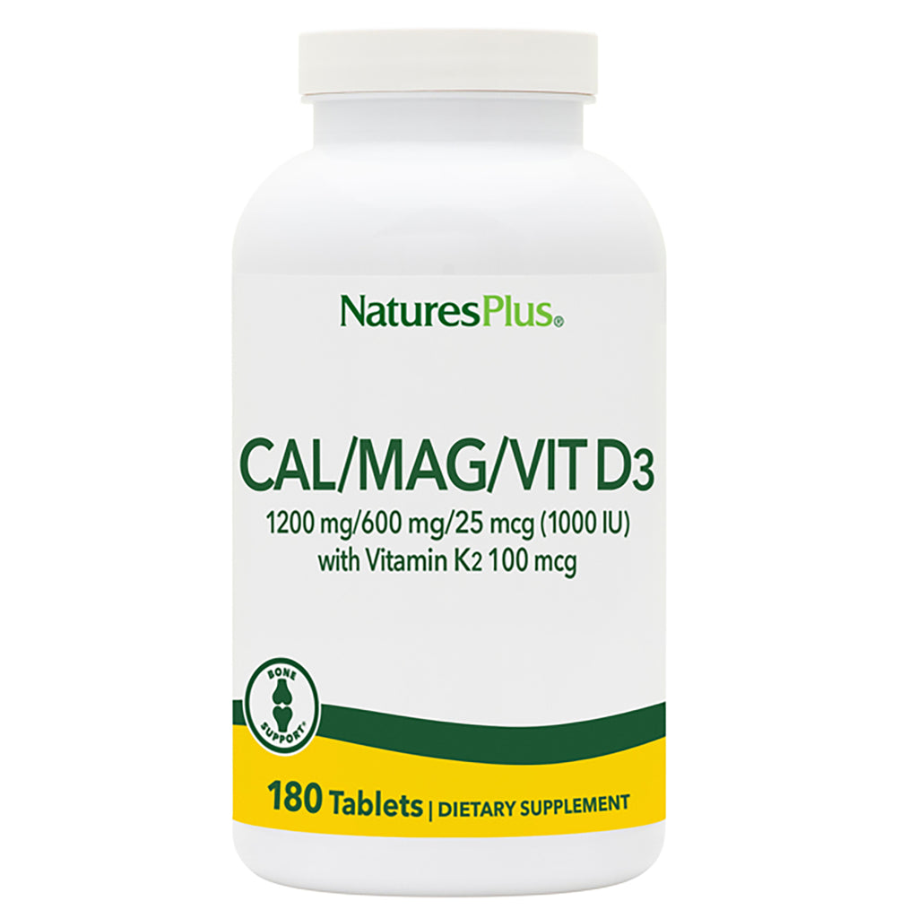 NTP134 | NaturesPlus white bottle labeled CAL/MAG/VIT D3 1200 mg/600 mg/25 mcg with Vitamin K2, 180 Tablets - Thumbnail