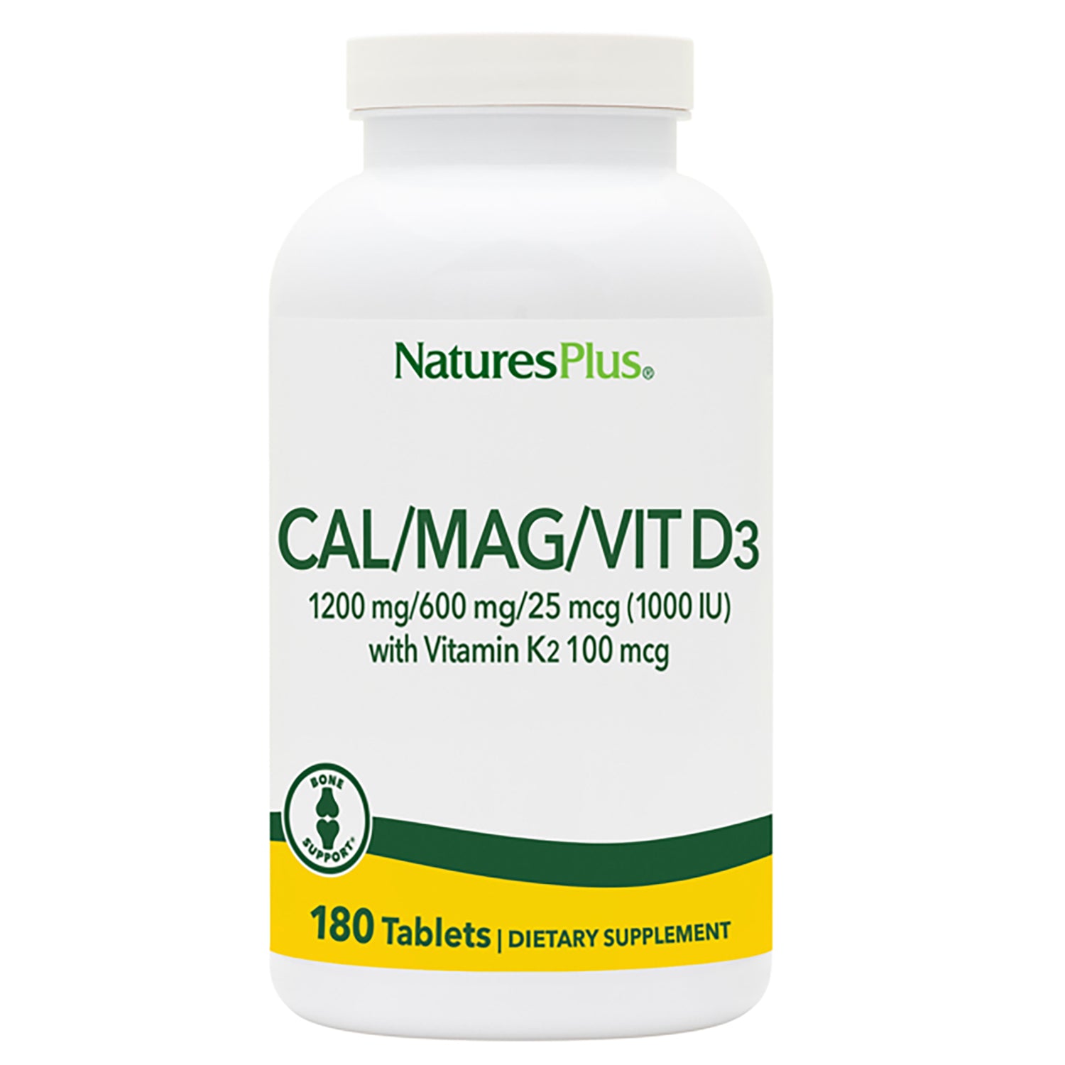 NTP134 | NaturesPlus white bottle labeled CAL/MAG/VIT D3 1200 mg/600 mg/25 mcg with Vitamin K2, 180 Tablets