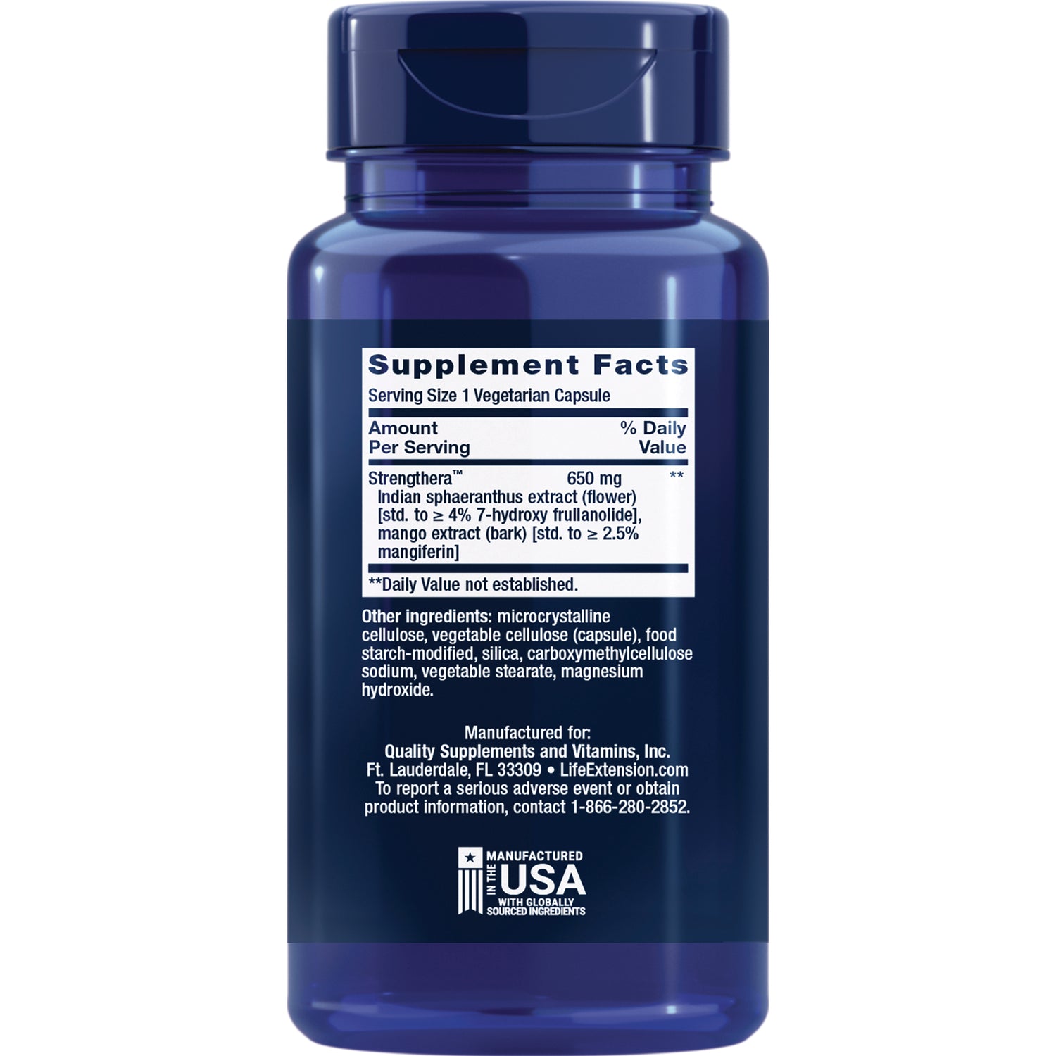 LE598 | Blue supplement bottle showing the Supplement Facts panel and ingredient list