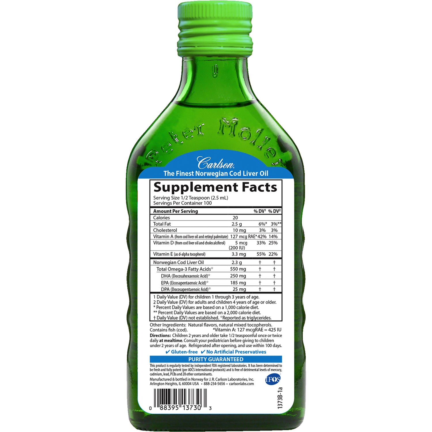 Supplement Facts label on green glass bottle of cod liver oil showing nutrition facts, ingredients and directions