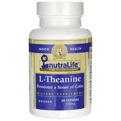 NUL002 | NutraLife L-Theanine supplement bottle labeled 60 capsules 200 mg promotes a sense of calm