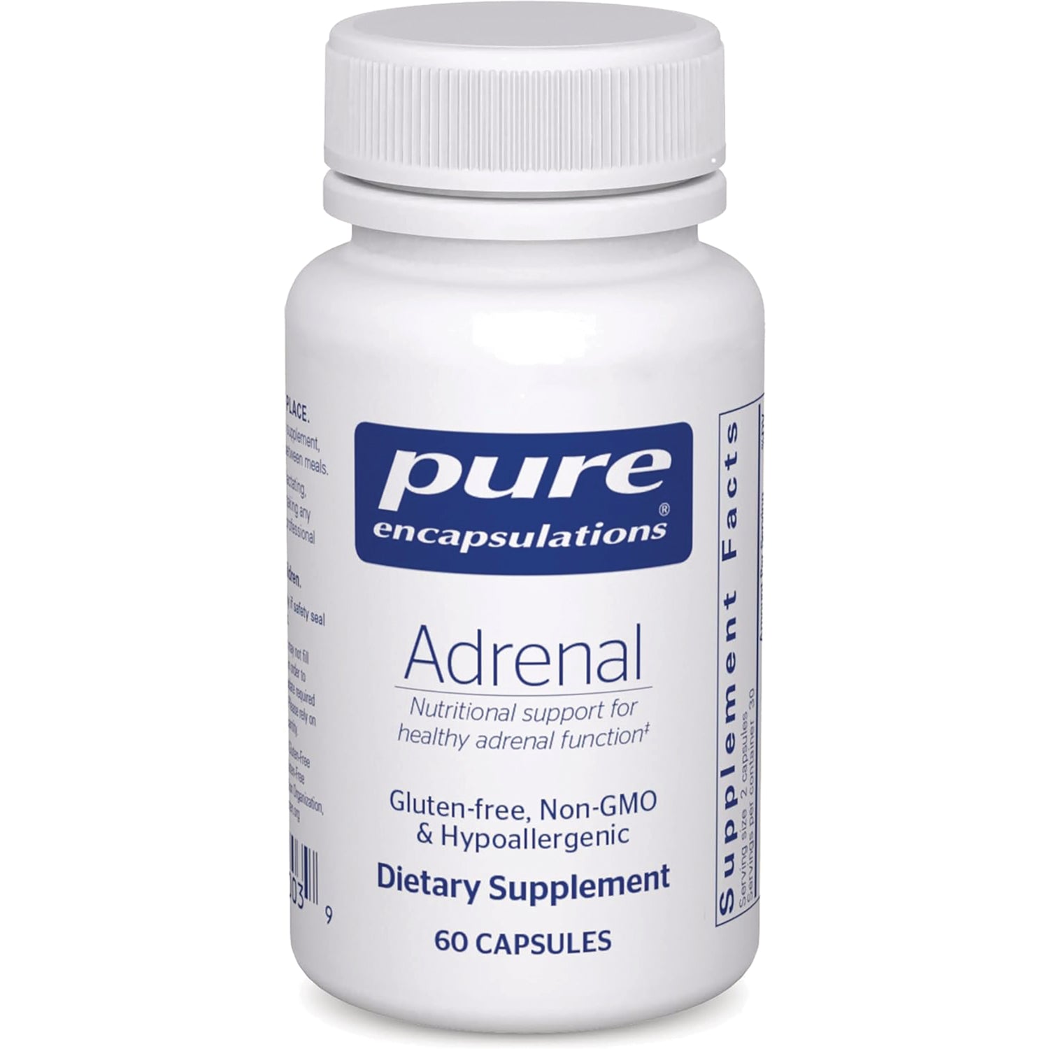 PRN015 | White bottle of Pure Encapsulations Adrenal dietary supplement, 60 capsules, gluten-free non-GMO