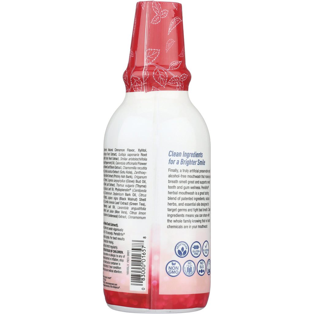 NAT175 | Back of red-topped mouthwash bottle showing ingredients panel, barcode, icons, and text Clean Ingredients for a Brighter Smile - Thumbnail