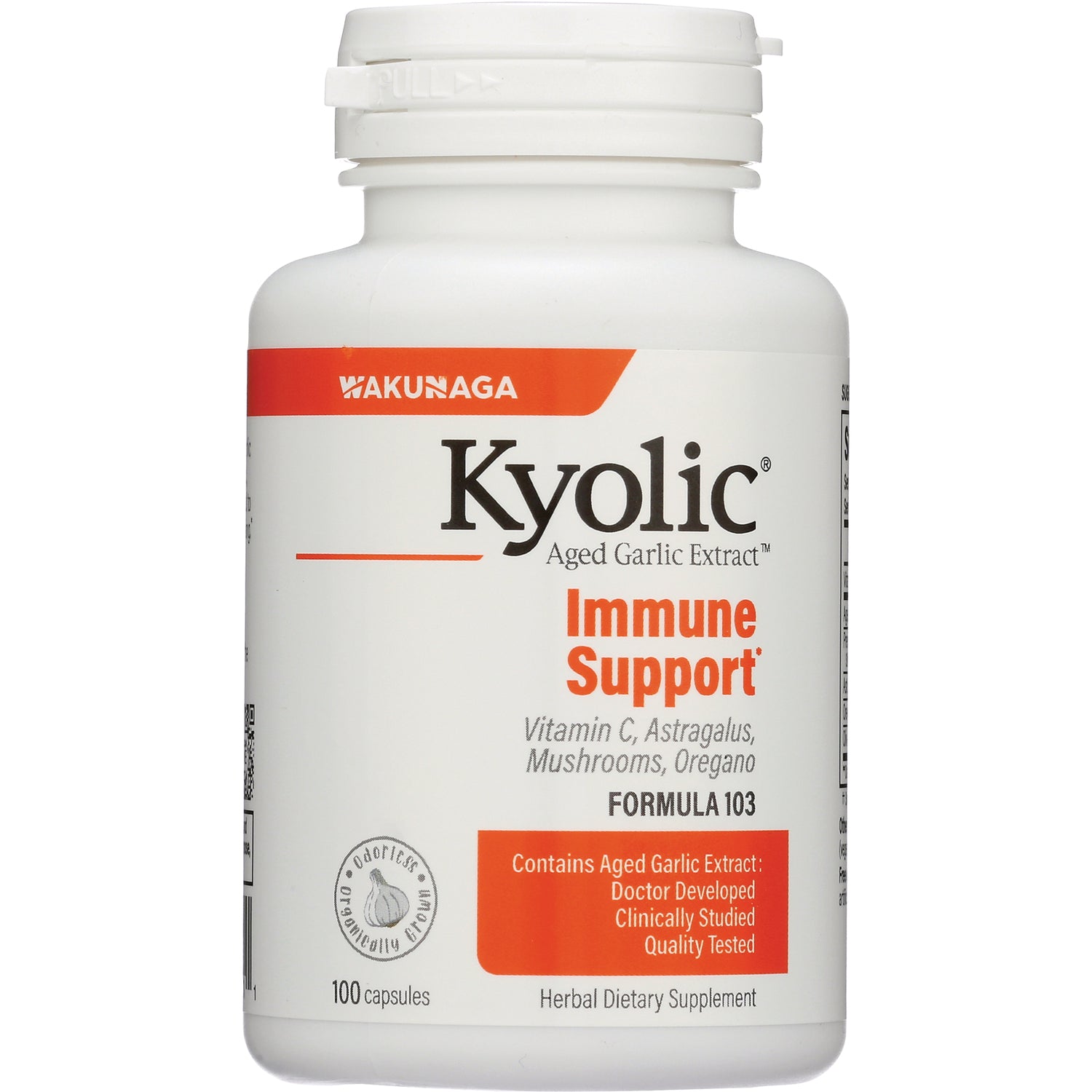 KY101 | Kyolic Immune Support aged garlic extract bottle with white label, 100 capsules