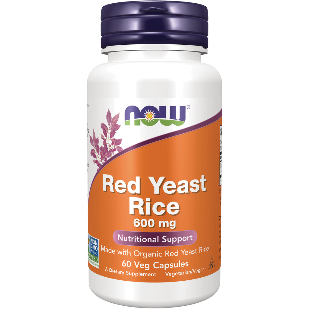 NWF090 | NOW Red Yeast Rice 600 mg white bottle with orange label, 60 veg capsules, nutritional support - Thumbnail