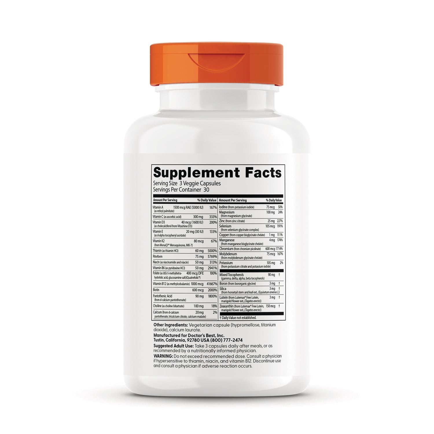 DB223 | back label showing Supplement Facts panel and ingredients on white supplement bottle with orange cap