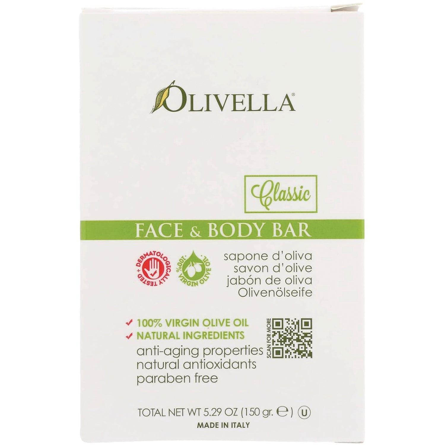 OLV008 | Olivella Classic face & body bar front with brand name, Face & Body Bar label and 100% virgin olive oil claim
