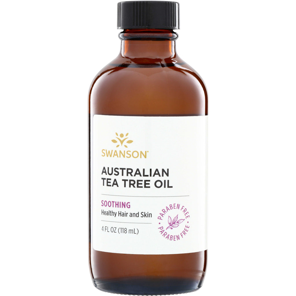 SWU245 | Amber glass bottle of Swanson Australian Tea Tree Oil labeled "Soothing Healthy Hair and Skin" 4 fl oz paraben free - Thumbnail