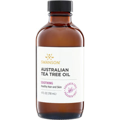SWU245 | Amber glass bottle of Swanson Australian Tea Tree Oil labeled "Soothing Healthy Hair and Skin" 4 fl oz paraben free