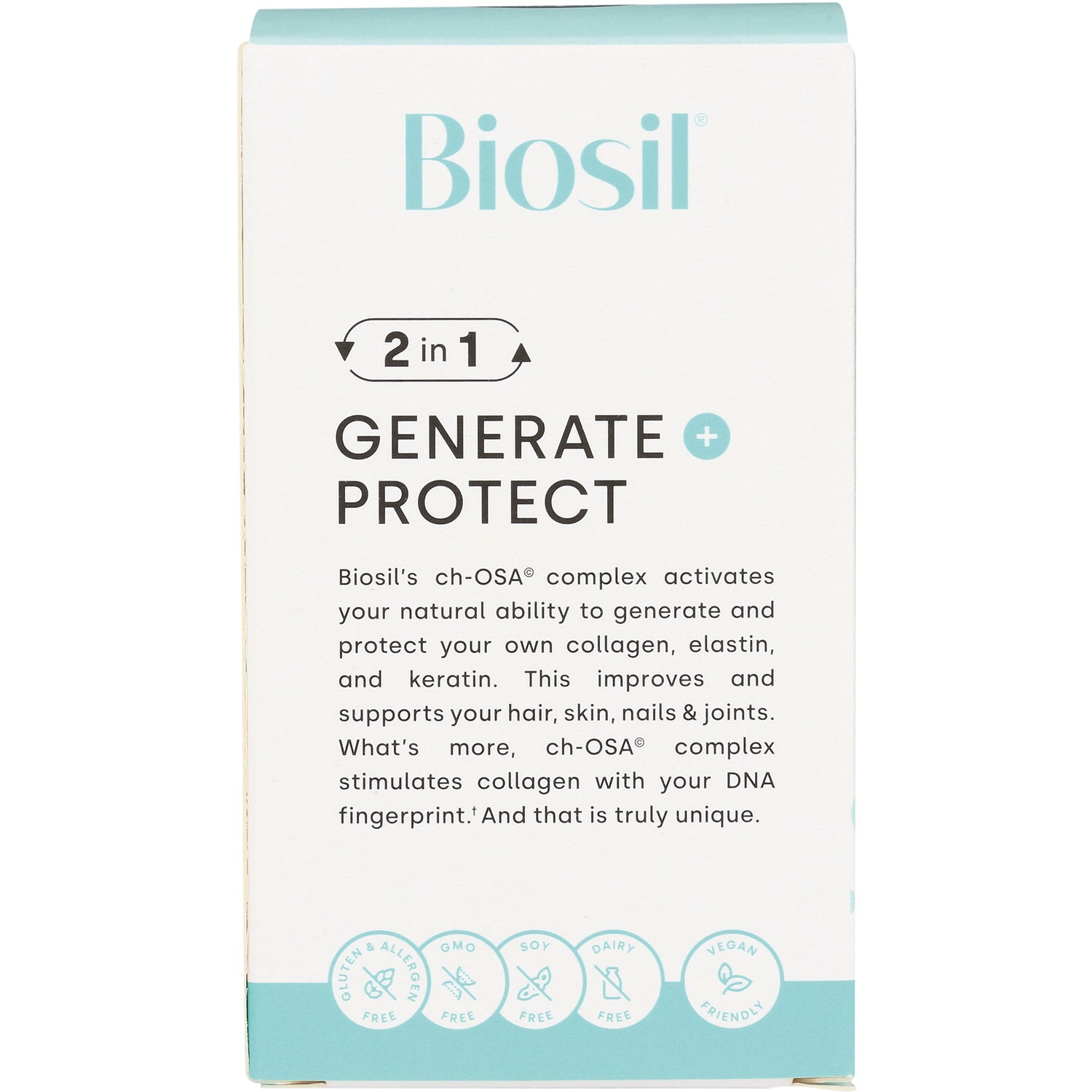 NFC054 | Back of Biosil Generate Protect box showing product description text and certification icons