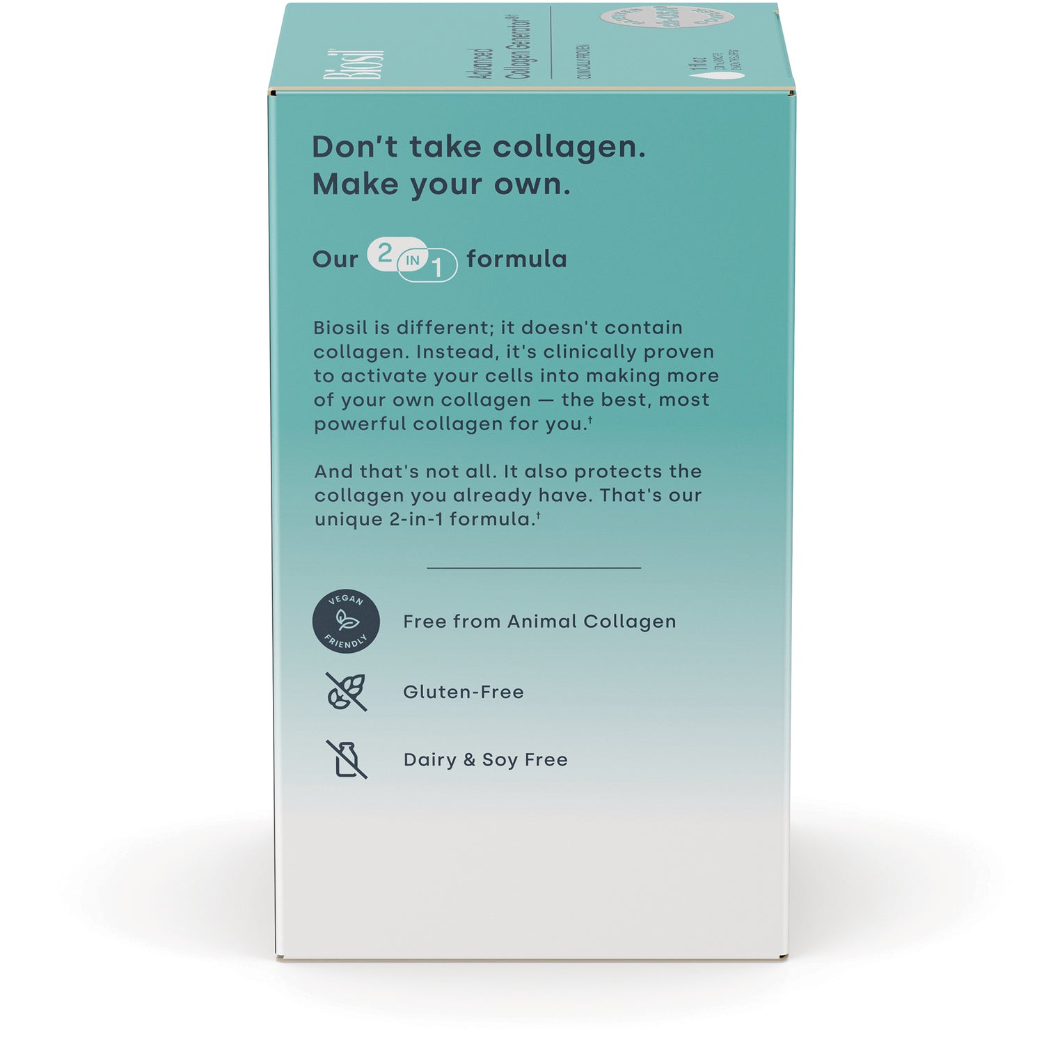 NFC054 | Back of Biosil Generate Protect box showing product description text and certification icons