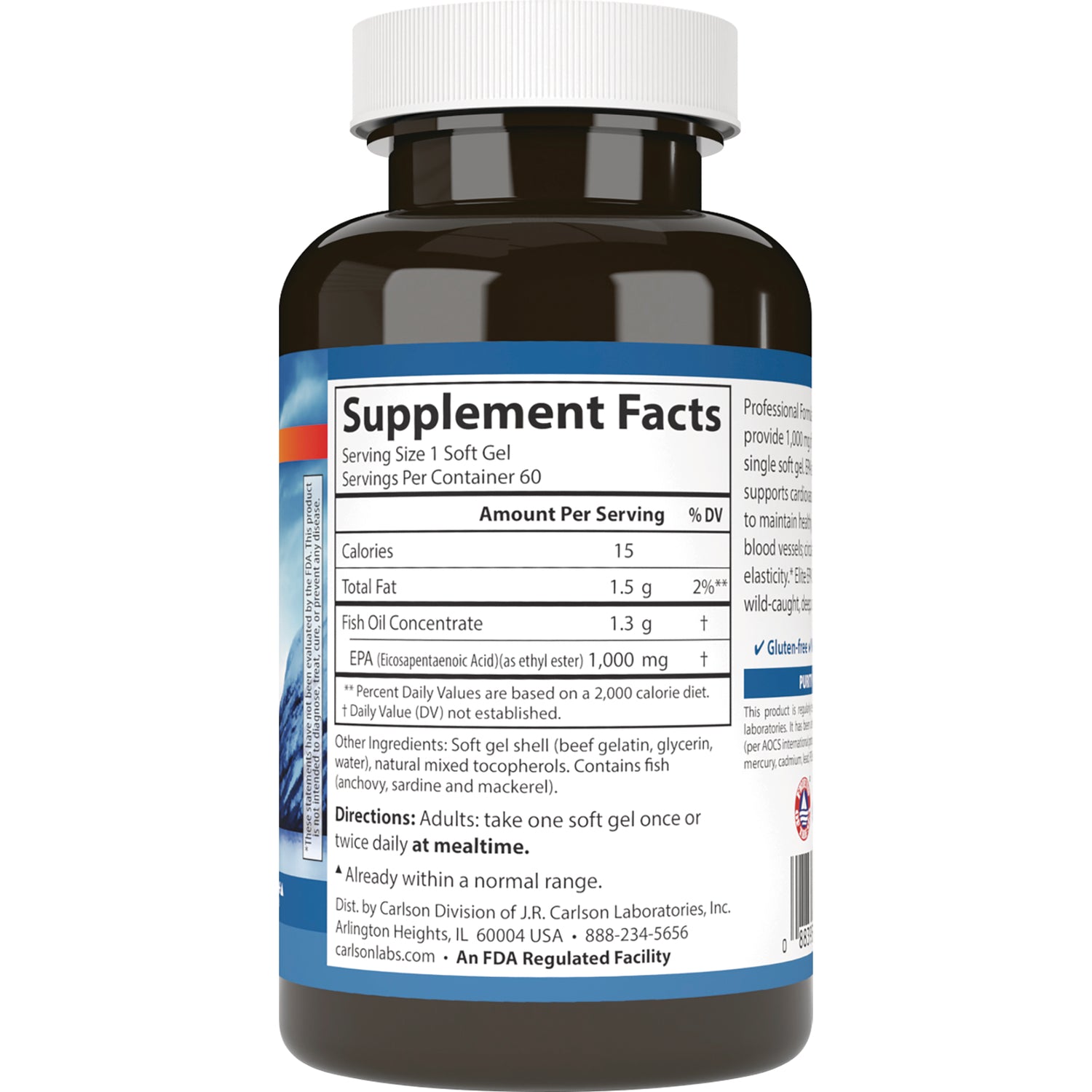 CSN300 | Back of brown supplement bottle showing Supplement Facts panel with serving size, calories, fish oil concentrate, EPA 1,000 mg and directions