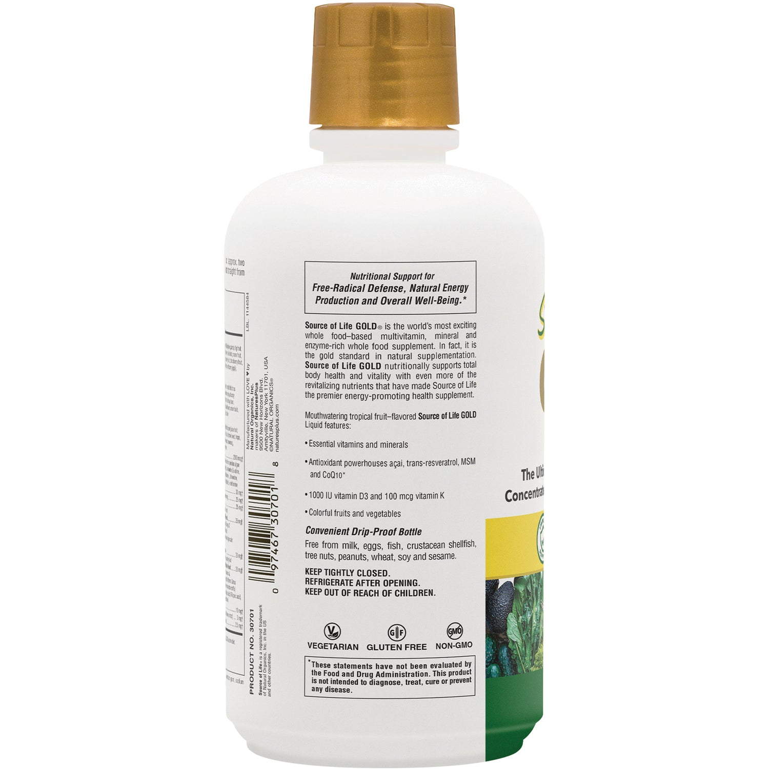 NTP251 | Back of white supplement bottle showing nutrition facts, barcode and vegetarian gluten free non-GMO icons