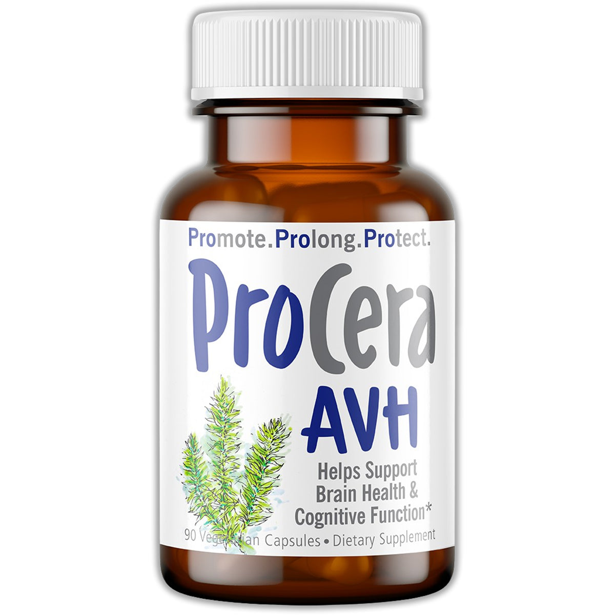 PRC007 | amber supplement bottle labeled ProCera AVH, helps support brain health and cognitive function, 90 vegetarian capsules