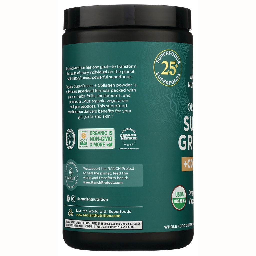 ATN114 | Green supplement tub side label showing organic, non-GMO and USDA Organic badges and brief product description - Thumbnail