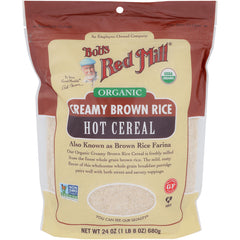 BOB450 | Bob's Red Mill organic Creamy Brown Rice hot cereal front packaging with clear window, 24 oz bag