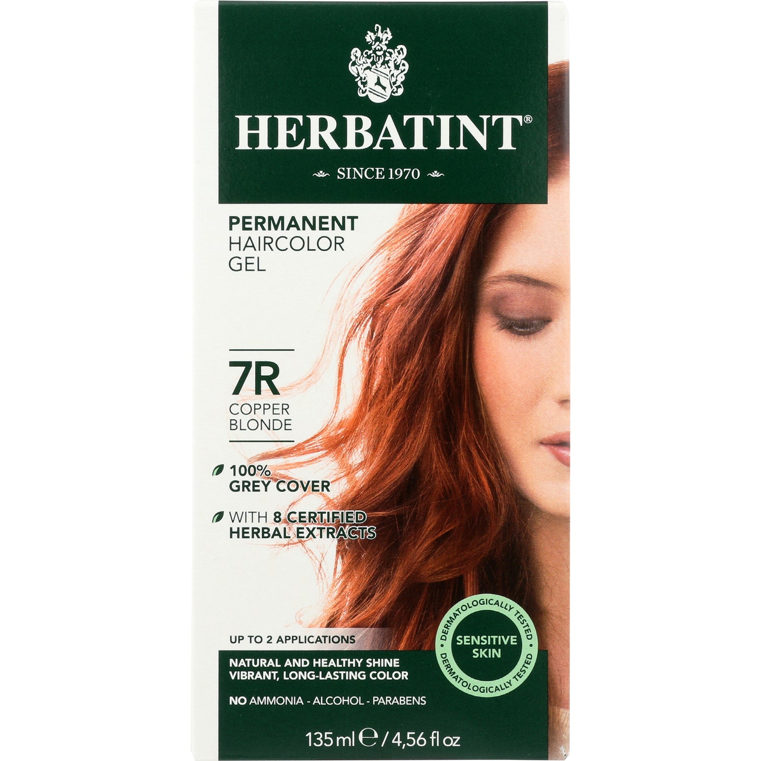 HBT016 | Herbatint permanent haircolor gel 7R Copper Blonde packaging showing partial model face and copper hair