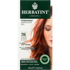 HBT016 | Herbatint permanent haircolor gel 7R Copper Blonde packaging showing partial model face and copper hair