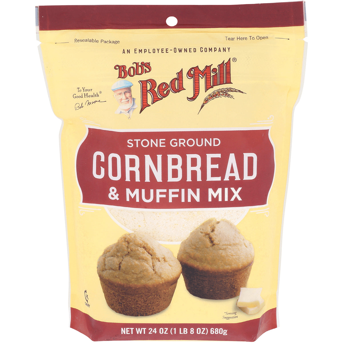 BOB443 | Bob's Red Mill stone ground Cornbread & Muffin Mix pouch showing two muffins and net wt 24 oz