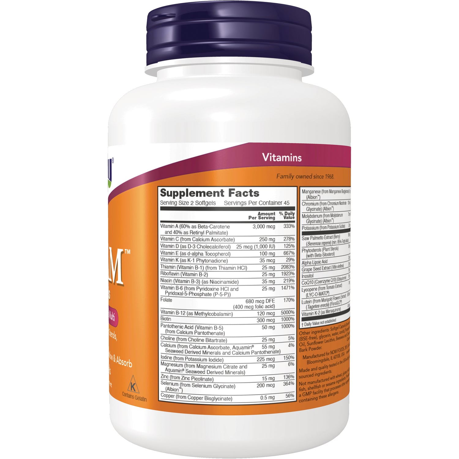NWF521 | Bottle back showing Supplement Facts panel and ingredient list for vitamins, serving size 2 softgels