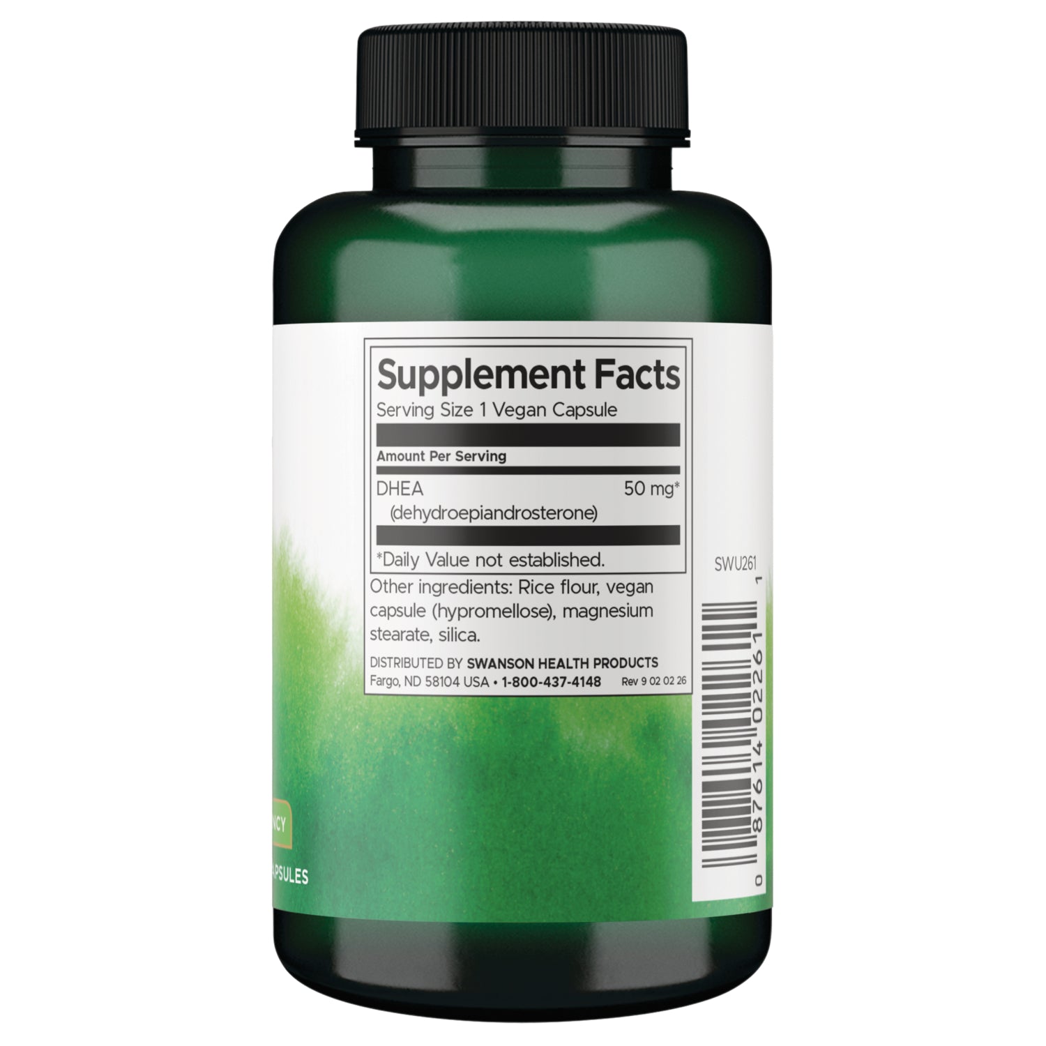 SWU261 | Back label with Supplement Facts for DHEA 50 mg, serving size 1 vegan capsule