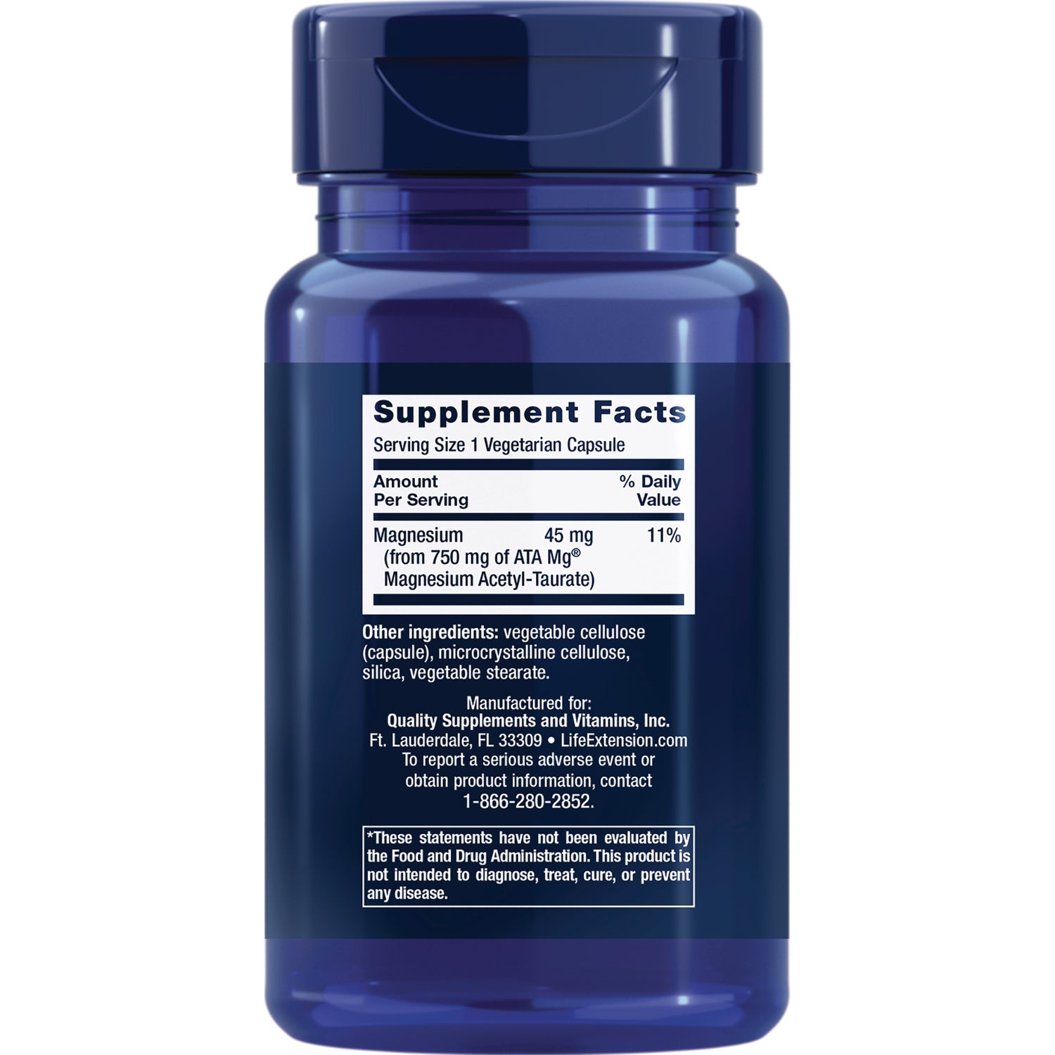 LE584 | Back of blue supplement bottle showing Supplement Facts label with Magnesium 45 mg and ingredient list