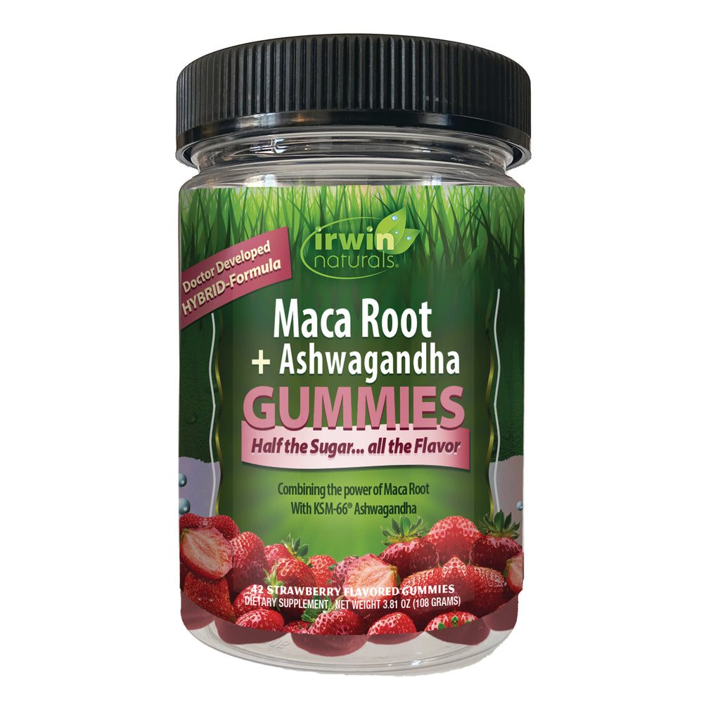 IR307 | Irwin Naturals Maca Root + Ashwagandha strawberry gummies in clear jar with black lid - Thumbnail