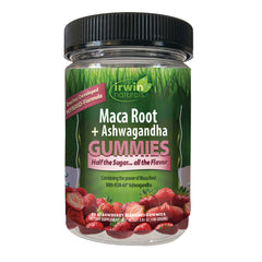 IR307 | Irwin Naturals Maca Root + Ashwagandha strawberry gummies in clear jar with black lid