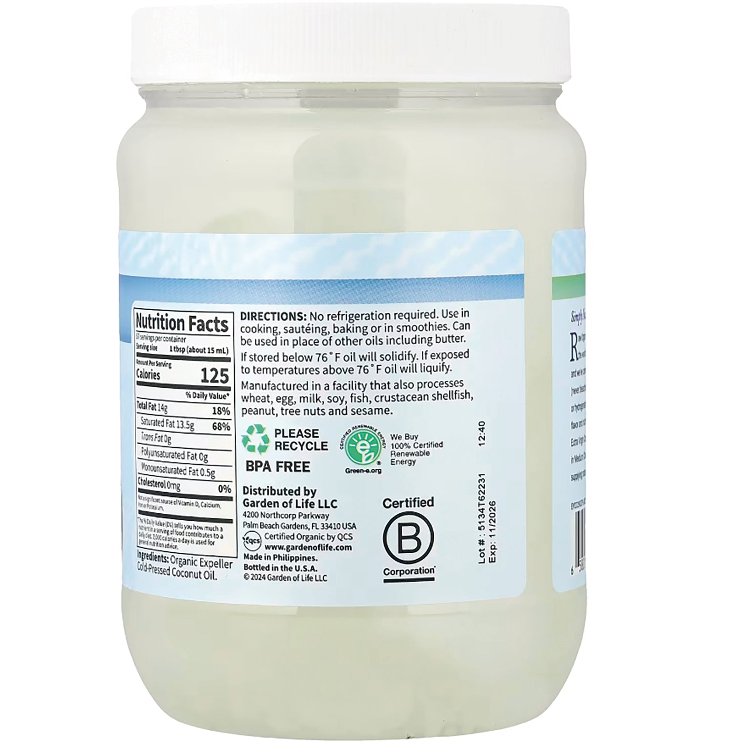 GLF233 | back label of jar showing Nutrition Facts, directions, recycle and BPA FREE icons, and distributor information