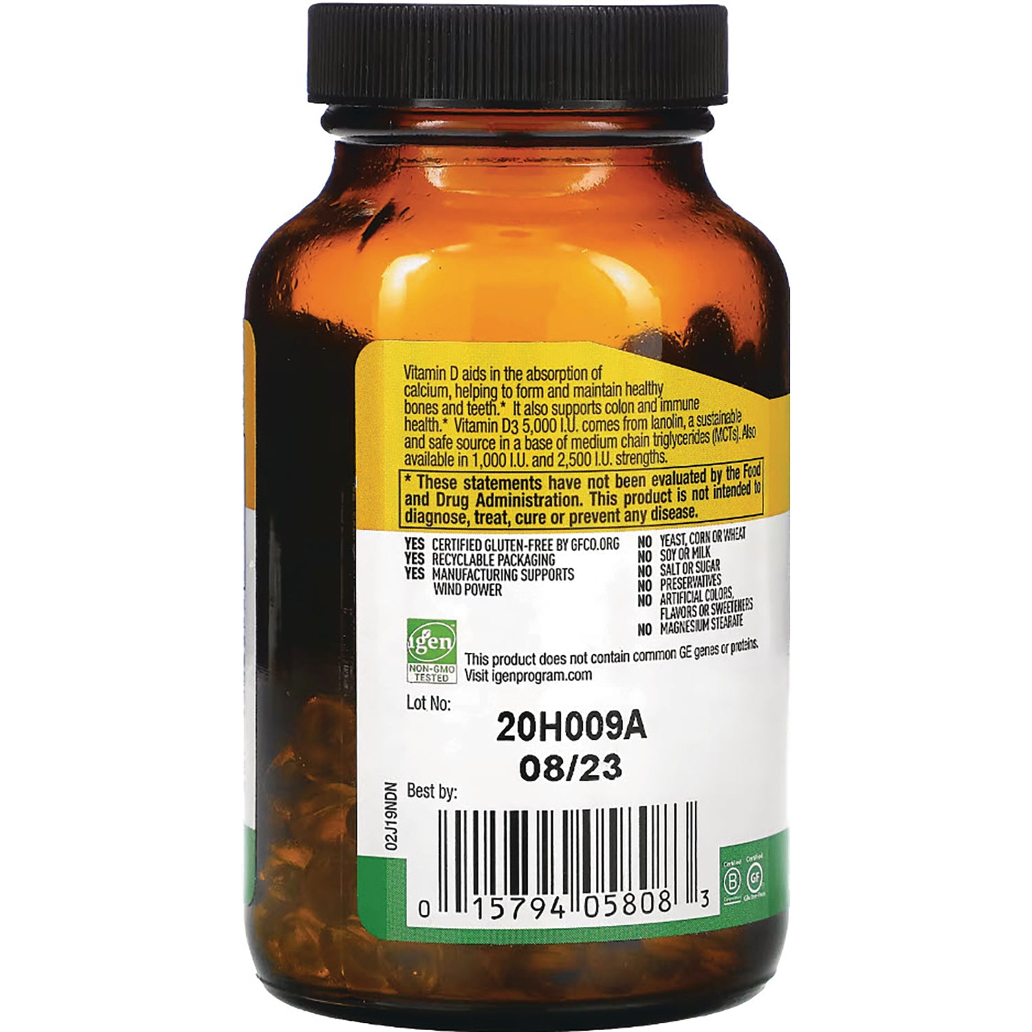 CRL453 | Back label of amber supplement bottle showing warnings, lot 20H009A, best by 08/23 and barcode