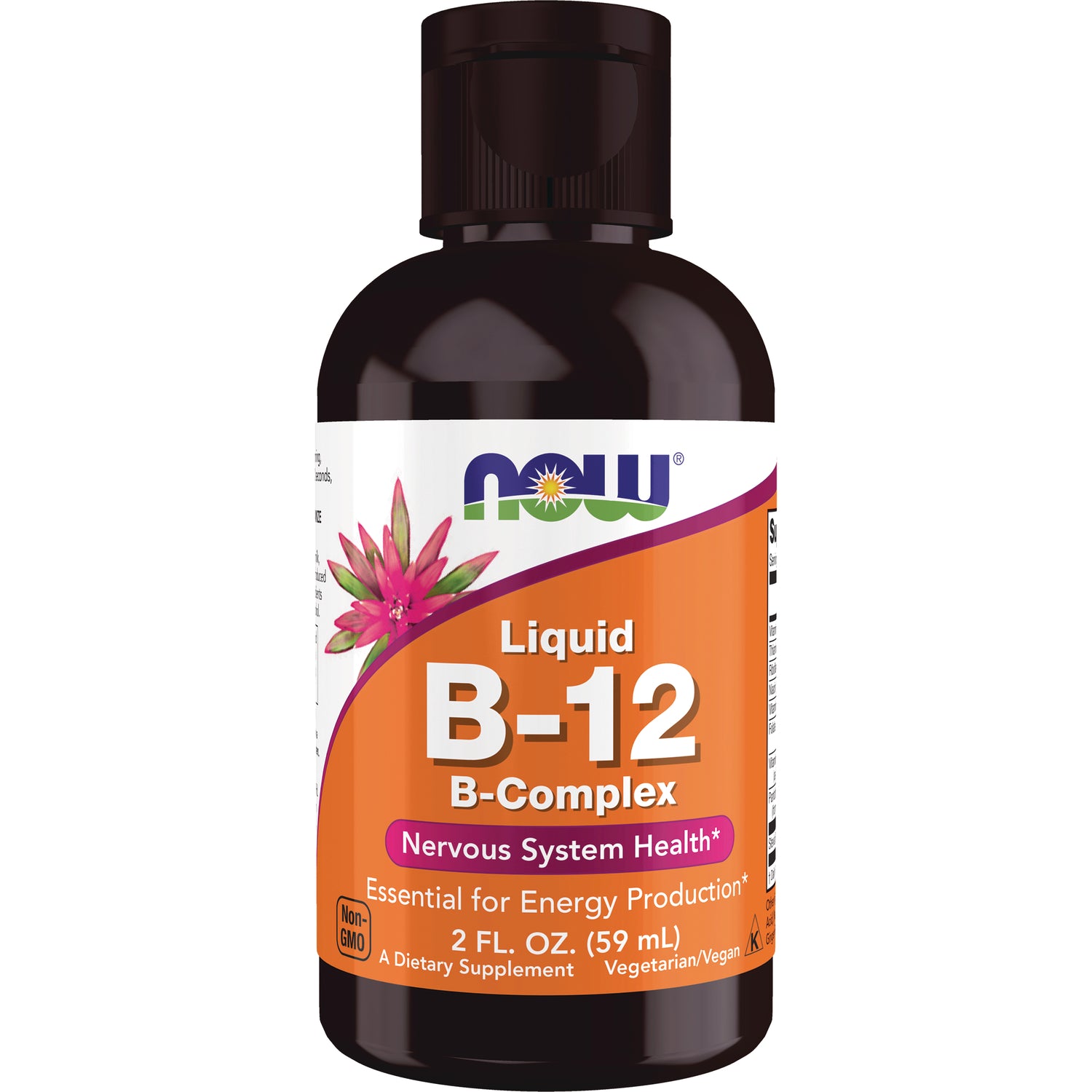 NWF025 | NOW Liquid B-12 B-Complex supplement bottle with orange label reading Liquid B-12 B-Complex Nervous System Health