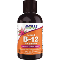 NWF025 | NOW Liquid B-12 B-Complex supplement bottle with orange label reading Liquid B-12 B-Complex Nervous System Health