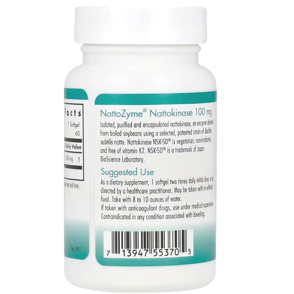 NCL056 | Back label of white supplement bottle showing NattoZyme Nattokinase 100 mg suggested use instructions and barcode - Thumbnail