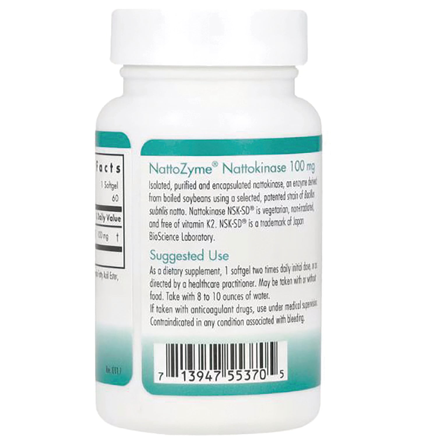 NCL056 | Back label of white supplement bottle showing NattoZyme Nattokinase 100 mg suggested use instructions and barcode